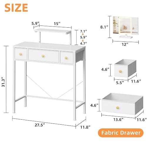 HIGDBFE Vanity Desk with Mirror & Lights and 3 Fabric Drawers, Makeup Vanity Table with Adjustable Stand, Dressing Vanity Table for Bedroom, Computer Desk for Small Spaces, 27.5''W, White thumbnail 3