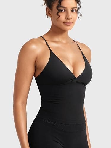 YEOREO LuxFlow Women's Workout Tank Top with Bra Pads Twist Front Straps Summer Seamless Camisole Shirts Longline Sports Bras thumbnail 2