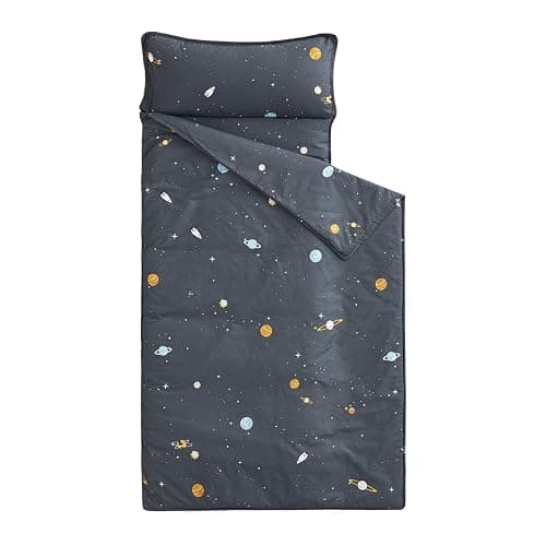 Wake In Cloud - Toddler Nap Mat with Pillow and Blanket, 100% Cotton Fabric, for Kids Boys Ages 3 Plus in Daycare Kindergarten Preschool, Roll Up Sleeping Bag, Galaxy Spaces - Image 1