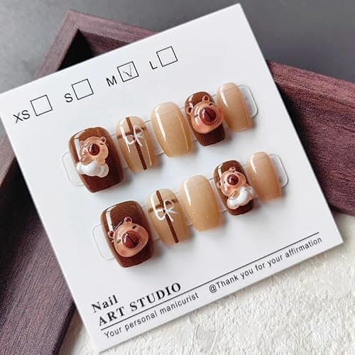 10Pcs Cute 3D Capybara Press On Nails, Short Brown Almond Tips with Clear White Accents, Glossy Resin Fake Nails in XS S M (XS) thumbnail 3