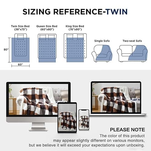 PU MEI Sherpa Blanket Twin Plaid Thick Bed Blanket, 60”*80” Super Soft Flannel Fuzzy Fleece Reversible Velvet Plush Warm Blanket for Couch(Brown-Check, 60"*80") thumbnail 8