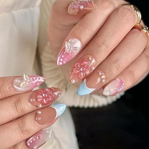 Small size Press On Nails - Luxury Almond 3D False Nails Women Reusable ABS Material Finger Printed Nail Tip French Salon Design-S size thumbnail 2