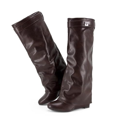 GOGD Fold Over Boots for Women Knee High Shark Boots Wedge Heel Flat Shoes | Women's Long Boots, Wide Calf, Fall Winter Shoes - Image 1