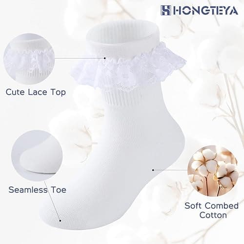 HONGTEYA 6 Pairs Girls White Ruffle Socks School Uniform Dress Socks for Kids Seamless Crew Ankle Cotton Size 2-14 Years thumbnail 5
