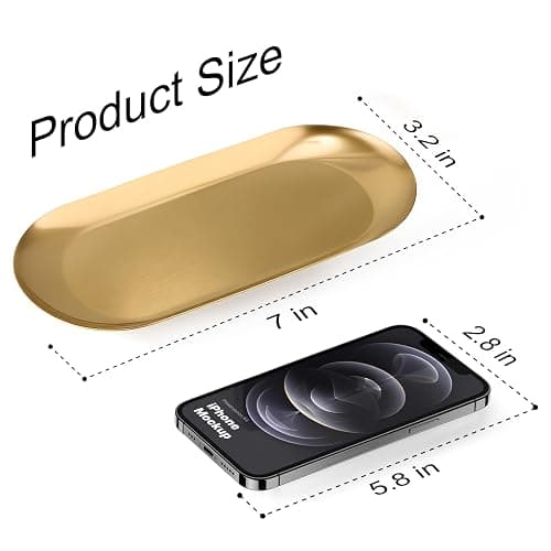Vaincre Gold Decorative Jewelry Tray - 2PCS Stainless Steel Oval Trinket Ring Holder Dish, 7” Small Bathroom Vanity Kitchen Jewelry Plate Tray Decor for Storing Perfumes, Cosmetics, Candles, Key thumbnail 3