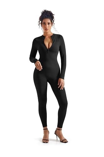 SUUKSESS Women Long Sleeve Ribbed Jumpsuit Zip up Front Workout Bodycon Romper thumbnail 3