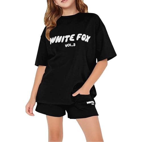 Girls Tracksuit Set Kids Trendy T-Shirt + Shorts 2 Piece Outfit Summer Fashion Short Sleeve White F0x Letter Print Tops with Loose Jogger Shorts Y2k Activewear Casual Sweatshirt Gym Set UK thumbnail 3