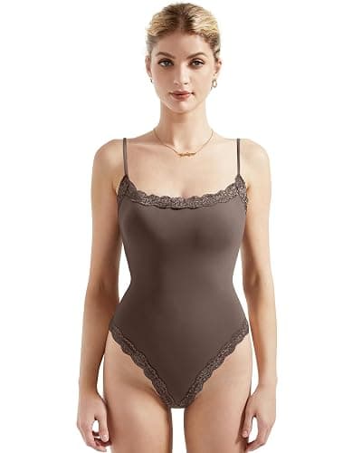 SUUKSESS Women Square Neck Lace Bodysuit Sleeveless Spaghetti Strap Tank Top - Image 1