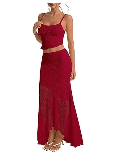 GORGLITTER Women's 2 Piece Skirt Sets Lace Crop Top and Asymmetrical Bodycon Long Maxi Skirt Trendy Summer Outfits 2025