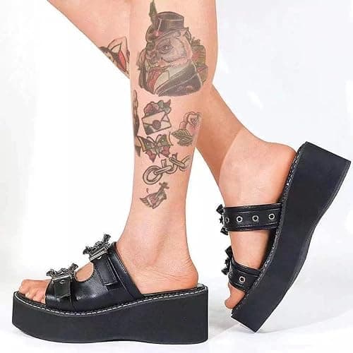 Gothniero women black platform sandals goth chunky wedge heel summer sandals girls gothic punk platform sandals for women metallic spider buckles slides size 5.5-11 thumbnail 2