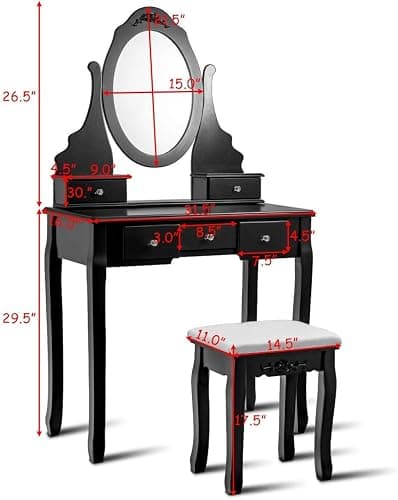 Giantex Vanity Set with Oval Mirror & Cushioned Stool, Makeup Dressing Table Large Storage with 5 Drawers, Mirrored Bedroom Vanities Makeup Table for Kids Girls Women, Easy Assembly (Black) thumbnail 3