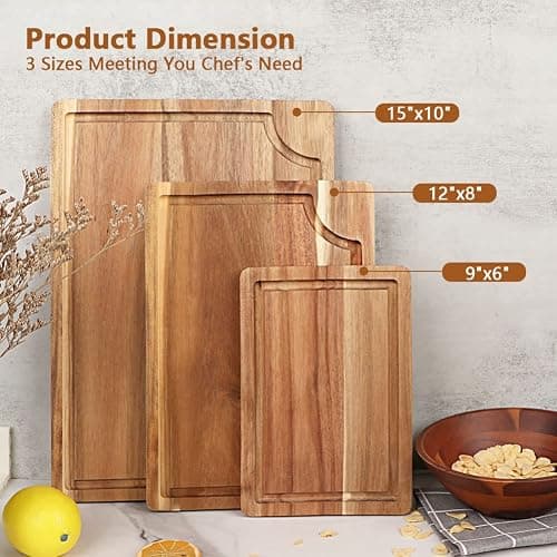 Acacia Wood Cutting Board Set with Juice Groove (3 Pieces), Organic Wooden Cutting Boards for kitchen, Butcher Block Cutting Board for Meat, Vegetable, Wooden Chopping Board 15x10, 12x8, 9x6 inch thumbnail 3