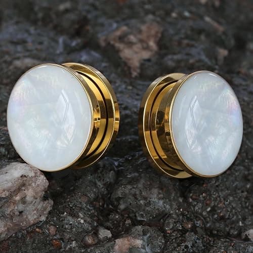 BOKABOO 2 Pairs White Pearl Shell Stainless Steel Ear Gauges Plugs and Tunnels, Size 2g - 1 inch Hypoallergenic Surgical Steel Ear Stretcher Expander Body Jewelry thumbnail 6