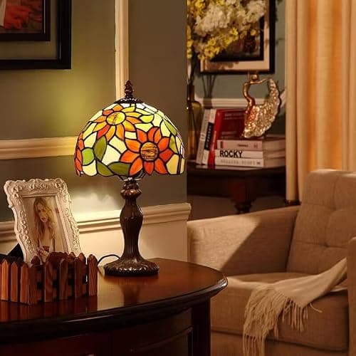 tuomoxte Tiffany Table Lamp,3 Color-Temperature Sunflower Stained Glass Lamp,8X8X15 Inch Small Accent Antique Nightstand Bedside Table Lamps for Bedroom Living Room Home Office Light +LED Bulb thumbnail 3