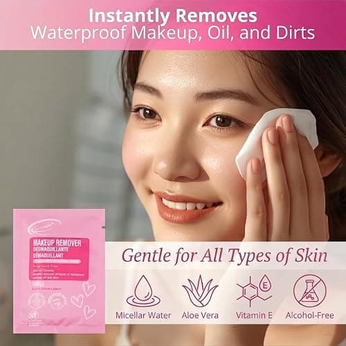 Air Jungles Pink Micellar Makeup Remover Wipes - 25ct Individually Wrapped Travel Size Facial Cleansing Wipes with Vitamin E, Gentle Face Wipes for Sensitive Skin, Gift for Women & Girls thumbnail 2