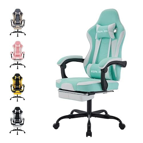 SUKIDA Gamers Choice Gaming Chair - Gaming Chairs for Adults 300lbs, Ergonomic Gamer Gamingchair with Footrest Cool Pc Computer Comfy Leather Swivel Recliner Adjustable Massage Lumbar, Green Blue - Image 1