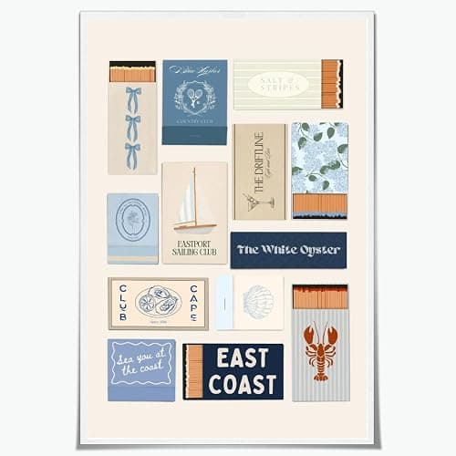Beach Wall Art Blue Matchbook Collage Poster Grandmillennial Canvas Print Art Posters Preppy East Coast Aesthetic for Coastal Cowgirl Room Decor 8x12inch Unframed - Image 1
