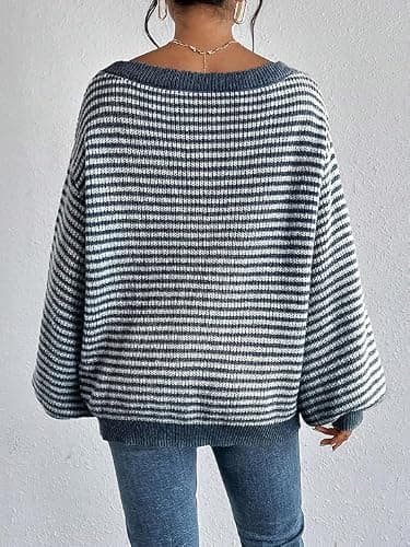Women's Oversized Striped Sweater Casual Off The Shoulder Sweater Fall Long Sleeve Loose Knit Pullover Jumper Tops thumbnail 4