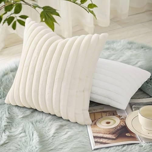 decorUhome Cozy Faux Fur Spring Throw Pillow Covers 20x20 Set of 2 Decorative Soft Plush Striped Modern Farmhouse Boho Couch Pillow Cases with Velvet Back for Sofa Bed Living Room, Cream White thumbnail 6