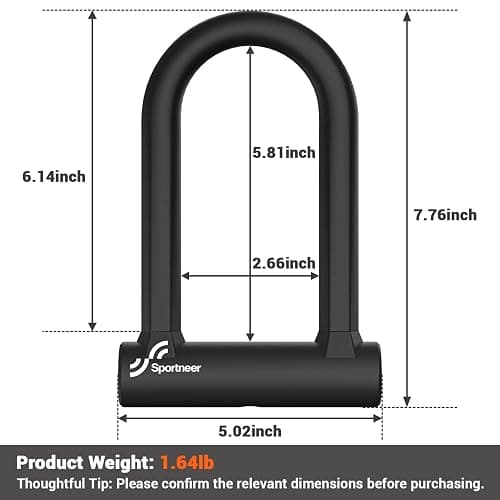 Sportneer Bike Lock: Heavy Duty Anti Theft Bike U Lock with 5ft Security Steel Cable - 17mm Shackle Bicycle U-Locks with 2 Keys & Mounting Bracket for Road Mountain Bike, Size 7.76''x5.02'', 1.64lb thumbnail 2