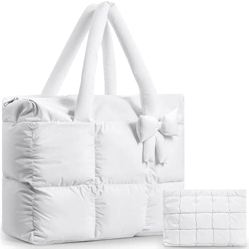 Abbylike Large Puffer Tote Bag for Women Quilted Puffy Handbag with Zipper Lightweight Satchel Purse Bow Gift for Christmas - Image 1