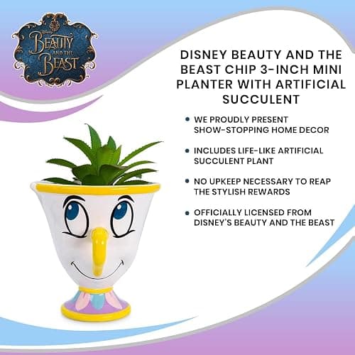 Silver Buffalo Disney Beauty and The Beast Chip 3-Inch Ceramic Mini Planter with Artificial Succulent | Small Flower Pot, Faux Indoor Plants for Desk Shelf, Home Decor Trinket Tray and Collectibles thumbnail 6