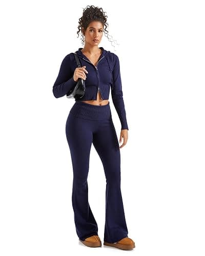 SUUKSESS Women 2 Piece Knit Sets Cropped Zip Up Hoodie Foldover Flare Leg Pants thumbnail 4