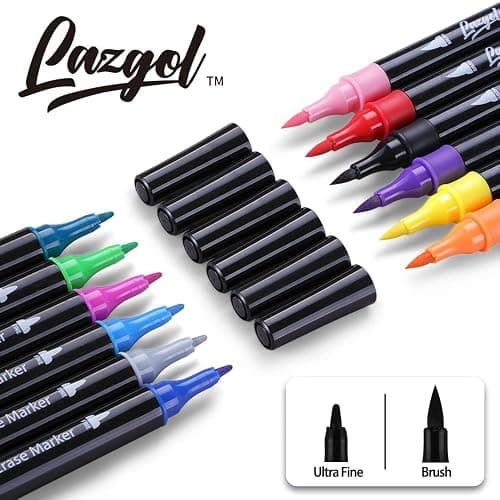Wet Erase Markers Dual Tip, Lazgol 12 Assorted Colors, Dual Tip Brush & Fine Overhead Transparency Smudge Free Markers for Dry Erase Whiteboard, Refrigerator Calendars, Glass, Films and Any Kind of thumbnail 4