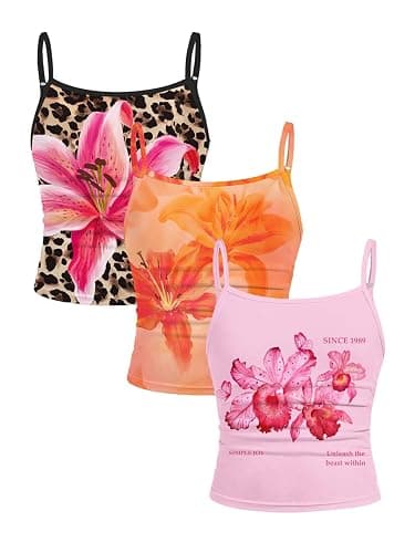 RoseSeek Girl's 3 Packs Cheetah Leopard Floral Tank Top Spaghetti Strap Fitted Summer Cute Camisole Tops - Image 1