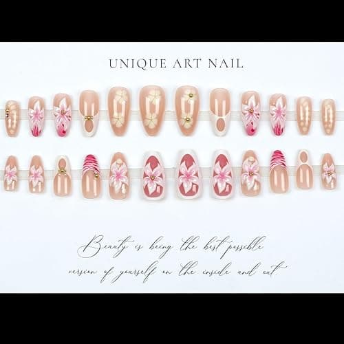 24Pcs Pink Flower Press on Nails Medium Almond Fake Nails 3D Floral with Gold Pearl Glossy Glue on Nails French Tip False Nails Cute Summer Stick on Nails for Women Girls Acrylic Manicure Salon Tips thumbnail 5
