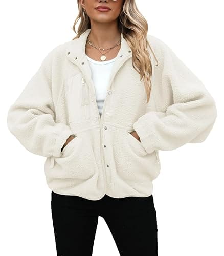 Yanekop Womens Fleece Jacket Fuzzy Long Sleeve Short Winter Coats Button Down Sherpa Jacket Outerwear with Pockets thumbnail 3