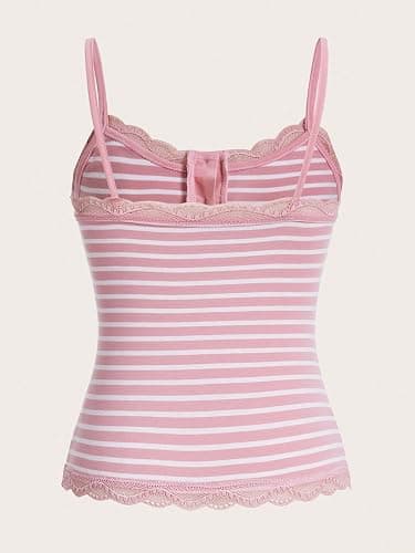 SOLY HUX Women's Striped Lace Trim Cami Crop Top Button Front Spaghetti Strap Y2k Tops thumbnail 2