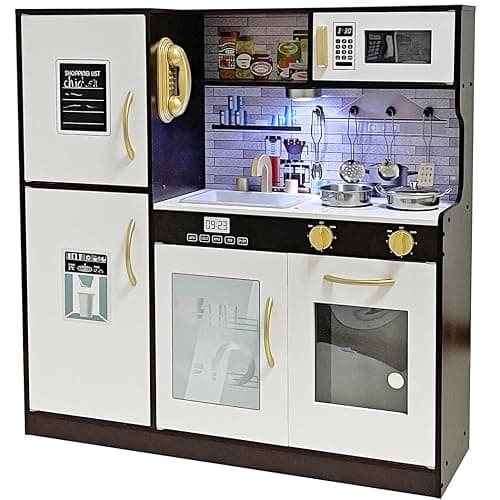 TOUCH US Wooden Play Kitchen Toy Set with Light, Kids Children Pretend Toy Kitchen Playset with Sink Play Toy,Oven Microwave,Toddler Cooking Set Toy for Ages 3+ Baby Girls Boys - Image 1