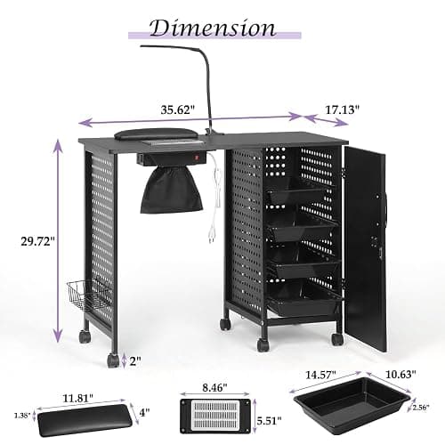 AGESISI Nail Desk for Nail Tech Manicure Table with Dust Collector Charging Station, Nail Tech Table with 4 Storage Drawers, LED Lamp, Lockable Wheels, Nail Station for Home & Spa Salon, Black thumbnail 3