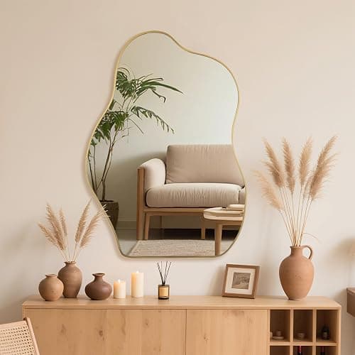 Irregular Asymmetrical Wall Mirror, 36x24 Inch Gold Bathroom Mirror | HD Tempered Glass, Decorative Wall Mirror Golden Wood Framed Mirror for Bathroom Living Room Entryway Bedroom Hallway - Image 1