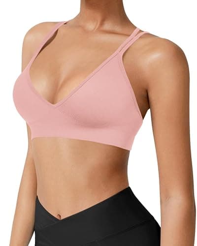 VEQING Seamless V-Neck Women Sports Bras, Padded Cross Back Wireless Low Impact Workout Yoga Bras for Small Chests, 3 Pack thumbnail 2