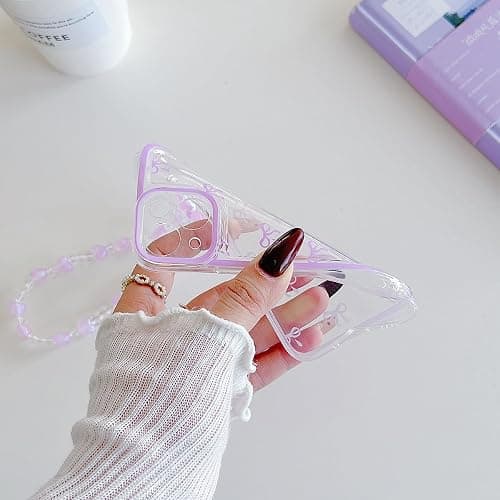 RRFNNF Cute Bowknot Case for iPhone 12, Ribbon Bow Case with Bling Bracelet Chain, Clear Aesthetic Stylish Slim Soft Durable Pretty TPU Protective Cover for Women Girls, Purple thumbnail 5