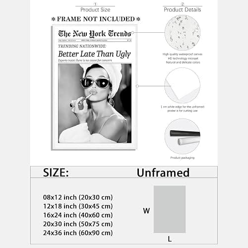 New York Trends Wall Art Black and White Newspaper Better Late Than Ugly Poster Canvas Prints Funky Feminist Posters Trendy College Wall Decor for Bar Cart Girl Dorm Room Bathroom Decorative 12x16inch Unframed thumbnail 2