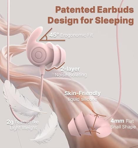 Hmusic Sleep Headphones,3.5mm Wired Sleeping Earbuds,30dB Noise Isolate Sleep Plugs,2g Lightweight, Ultra-Soft Silicone,Snail Flat Thin Bed Earphones for Air Travel,Work,Audio Book,Meditation thumbnail 3