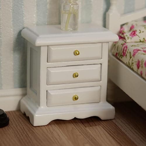 Miniature Bedside 1:12 Furniture Dollhouse Nightstand Bedroom Drawer Cabinet Model Accessories Mini House Scene Building Tabletop Decorations (White) thumbnail 4