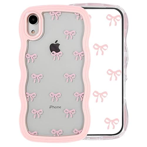 Riccase for iPhone XR Case Bow Curly Wave Frame Phone Case, Shockproof Clear Soft Transparent Silicone Protective Bumper Cover for Women Girls, Pink - Image 1