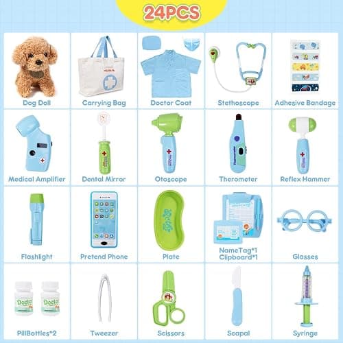 Meland Toy Doctor Kit for Kids - Pretend Play Doctor Set with Dog Toy, Carrying Bag, Stethoscope Toy & Dress Up Costume - Doctor Play Gift for Kids Toddlers Ages 3 4 5 6 Year Old for Role Play thumbnail 3