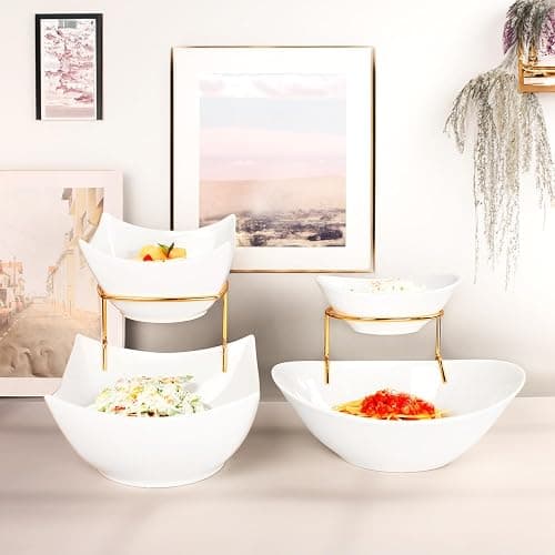 LIUYWYHCF Tierd Serving Oval Bowl Set, Oval 2 Tier Chip and Dip Bowls with Stand, for Nuts, Salsas, Food Tray, Ceramic Appetizer Serving Display Stand for Parties, Entertaining thumbnail 7
