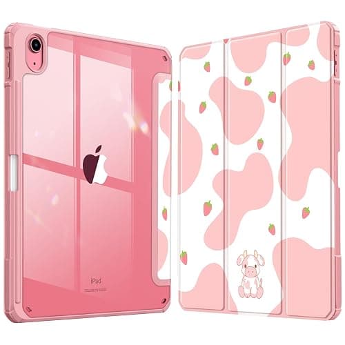 Fintie Hybrid Slim Case for iPad (A16) 11th Generation 11 Inch (2025), iPad 10th Generation 10.9 Inch (2022) - Shockproof Cover with Clear Transparent Back Shell & Pencil Holder, Strawberry Cow - Image 1