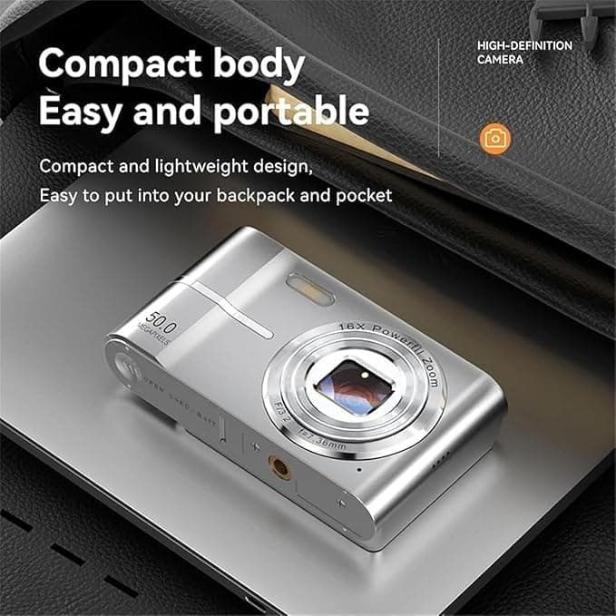 Digital Camera,4K 50MP Point and Shoot Camera for Teens with 16X Zoom Anti Shake,64GB TF Card,1 Battery,2 Types of adapters, a Card Reader, and a Lanyard. Compact Small for Boys Girls （Pink） (Silver) thumbnail 3