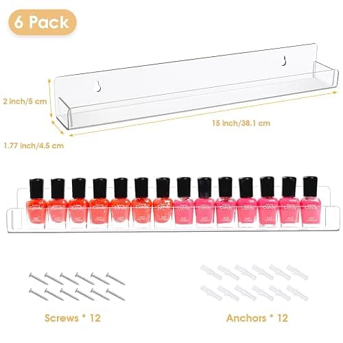AumVum Acrylic Wall Mounted Nail Polish Organiser Rack, 6 Tiers Clear Shelves with Removable Anti-Slip Inserts, Paint Rack Essential Oil Perfume Stand, Nail Varnish Storage Display Shelf 15 Inches thumbnail 3