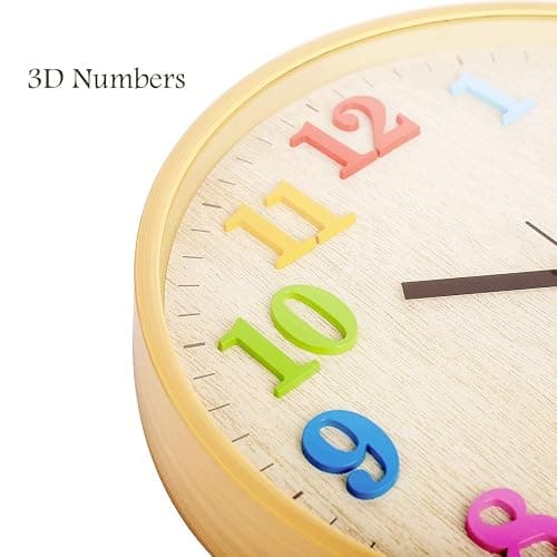 Topkey 12" Wooden Look Wall Clock Silent Non-Ticking 3D Numbers Colorful Decorative Round Clock for Living Room, Bedroom and Office Battery Not Included - Light Brown - 3d Color Numbers thumbnail 4