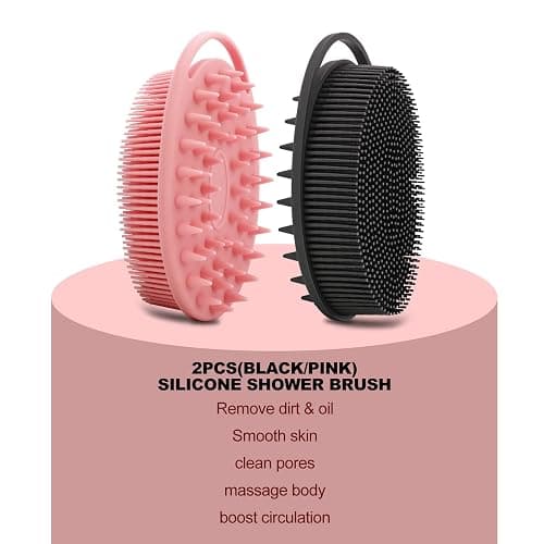 2 Pack Silicone Body Scrubber, Loofah Double-Sided Body Brush,Shower Scrubber and Scalp Massager Shampoo Brush for Sensitive Kids Women Men All Kinds of Skin (Black & Pink) thumbnail 6