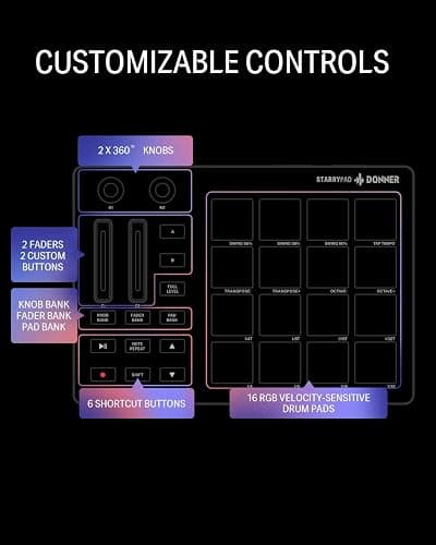 Donner MIDI Pad Beat Maker Machine Professional, Drum Machine with 16 Beat Pads, 2 Assignable Fader & Knobs and Music Production Software, USB MIDI Controller with 40 Courses, STARRYPAD White thumbnail 8