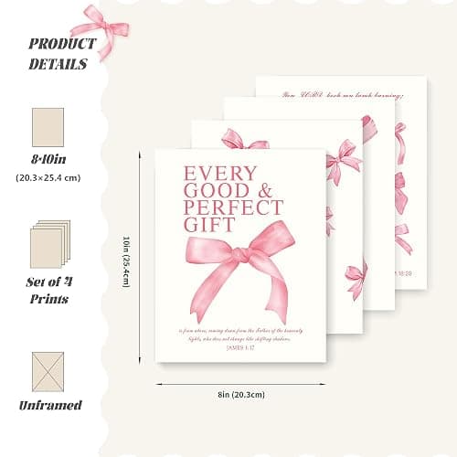 LARTSFRO Coquette Pink Bow Christian Wall Art Decor Posters, Pink Bow Christian Bathroom Room Bedroom Dorm Wall Art Decor Aesthetic for College Teen Girls Gifts,Inspirational Bible Verses Bow Wall Decor, 10x8 Inch Set of 4 Bow Pictures(UNFRAMED) thumbnail 2